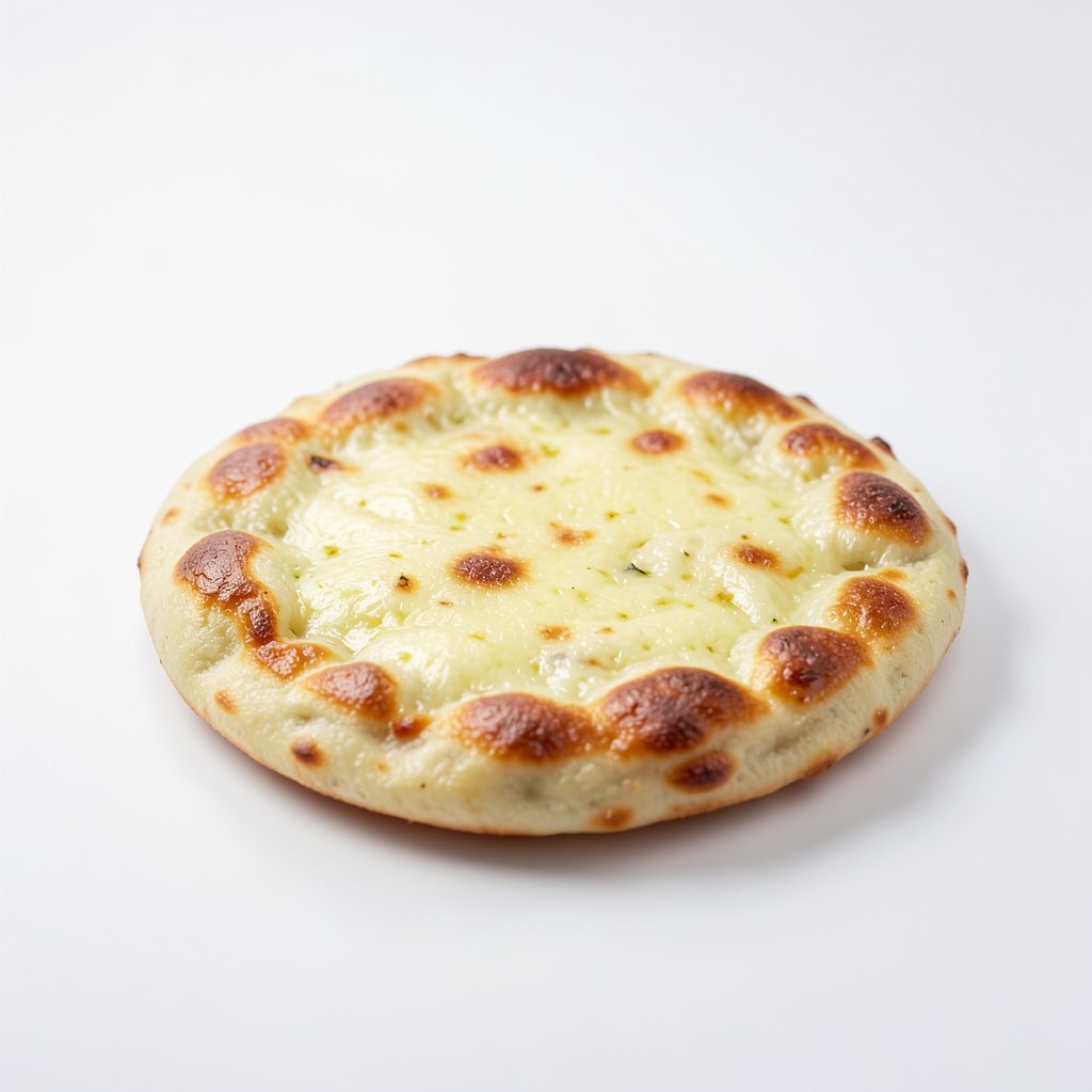 A layered cheese paratha with golden-brown crust, cut into wedges on a rustic wooden board