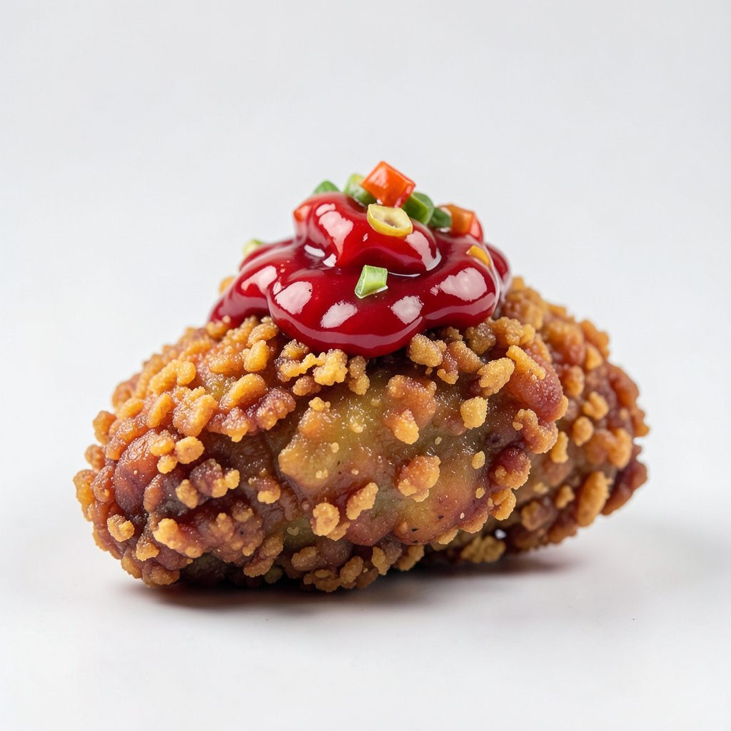 Crispy fried chicken pieces coated with a glossy garlic sriracha glaze, garnished with fresh herbs, on a dark plate against a warm kitchen backdrop